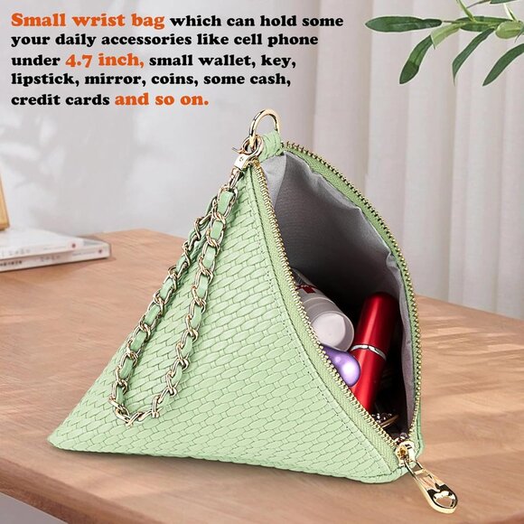 ⚡New Green Leather Triangle Wristlet Clutch Handbag Pyramid Evening Cocktail - Picture 4 of 6